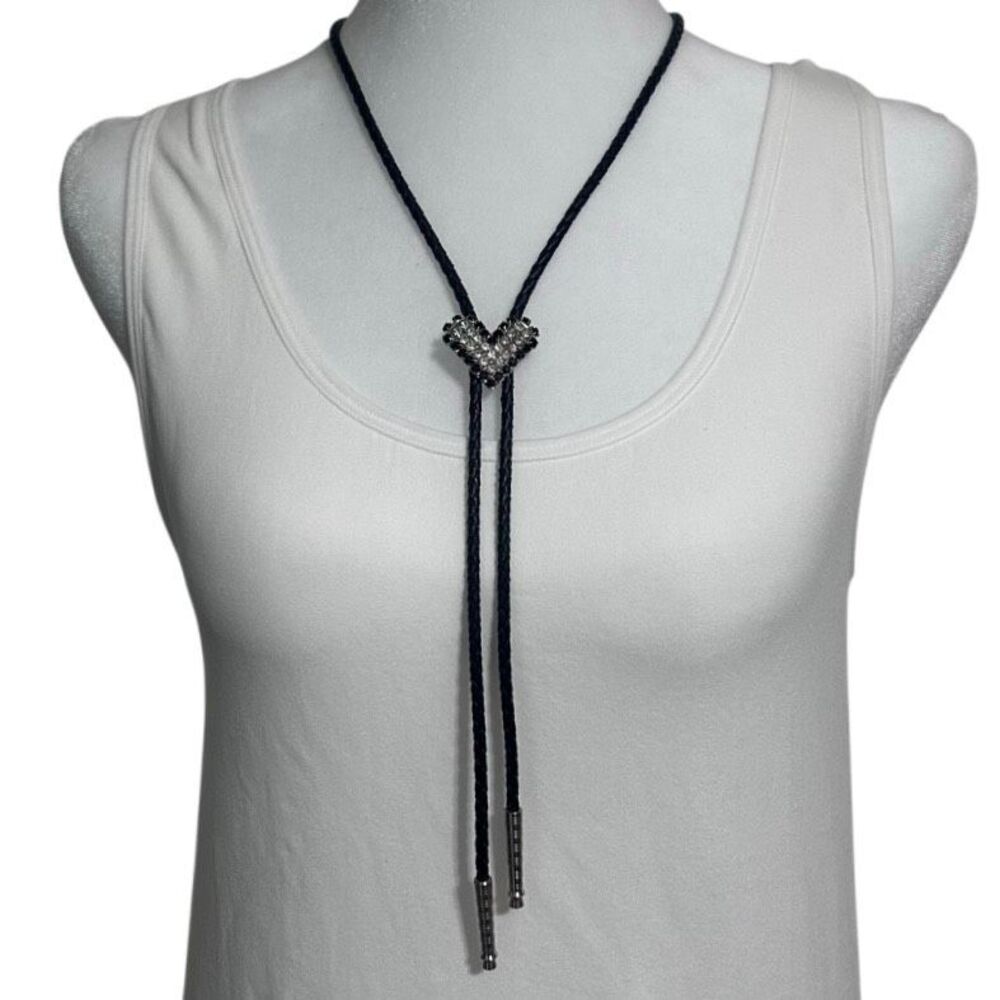 Boho Leather Heart Bolo Tie Necklace Women's Black Braided Cord Silver-tone Hear